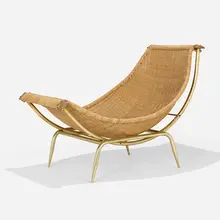 Adjustable lounge chair by Modern, c. 1970, anodized aluminum, rattan, wood, sold Feb 2023