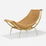 Adjustable lounge chair by Modern, c. 1970, anodized aluminum, rattan, wood, sold Feb 2023