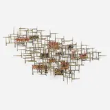 Wall sculpture by Modern, c. 1965, melt-coated brass over steel, brass, copper, sold Feb 2023