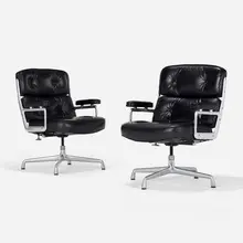 Time Life chairs, pair by Charles and Ray Eames, 1960 / 1985, leather, aluminum, sold Feb 2023