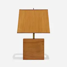 Lemurian Crafts, Table lamp, c. 1955, mahogany, wood and paper shade, brass