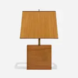 Lemurian Crafts, Table lamp, c. 1955, mahogany, wood and paper shade, brass