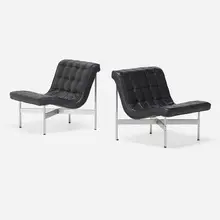 New York lounge chairs, pair by Ross Littell and Douglas Kelley William Katavolos, chrome-plated steel, leather, sold Feb 2023