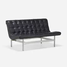 New York settee by Ross Littell and Douglas Kelley William Katavolos, chrome-plated steel, leather, sold Feb 2023
