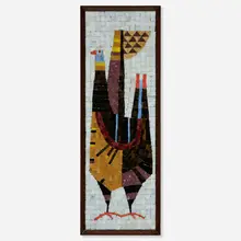 Partridge mosaic by Evelyn Ackerman, 1958, glass tile mosaic, spruce, sold Feb 2023