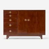 Edward Wormley, Janus cabinet, model 5728A, c. 1956, lacquered mahogany, brass, Natzler glazed ceramic