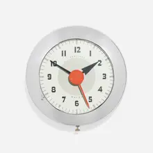 Sentinel Wafer clock, model SK 174 by Henry Dreyfuss, 1940, chrome-plated and enameled steel, enameled aluminum, sold Feb 2023