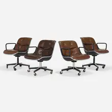 Charles Pollock, Executive chairs, set of four, leather, molded plastic, chrome-plated steel, enameled steel