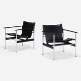 Charles Pollock, Sling chairs model 657, pair, 1964, leather, chrome-plated steel, enameled aluminum