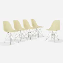 DSRs, set of five by Charles and Ray Eames, molded fiberglass, zinc-plated steel, rubber, plastic, sold Feb 2023