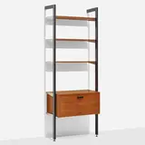 CSS (Comprehensive Shelving System) by George Nelson & Associates, 1959, walnut, enameled steel, aluminum, lacquered wood, sold Feb 2023