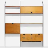 CSS (Comprehensive Shelving System) by George Nelson & Associates, 1959, walnut, enameled aluminum, aluminum, laminate, plastic, sold Feb 2023