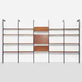 CSS (Comprehensive Shelving System) by George Nelson & Associates, 1959, walnut, enameled aluminum, aluminum, sold Feb 2023