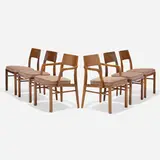 Dining chairs, set of six by Edward Wormley, c. 1960, walnut, upholstery, sold Feb 2023