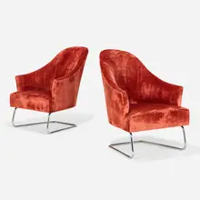 Donghia, Cantilevered lounge chairs, pair, c. 1995, upholstery, chrome-plated steel