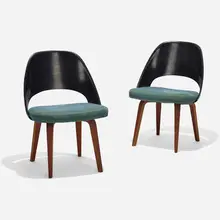 Dining chairs model 72 PLB, pair by Eero Saarinen, lacquered fiberglass, laminated walnut, upholstery, sold Feb 2023