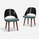 Dining chairs model 72 PLB, pair by Eero Saarinen, lacquered fiberglass, laminated walnut, upholstery, sold Feb 2023
