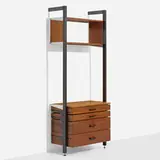 CSS (Comprehensive Shelving System) by George Nelson & Associates, 1959, walnut, enameled aluminum, aluminum, enameled steel, sold Feb 2023
