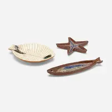 Collection of three dishes by Lagardo Tackett, c. 1960, glazed ceramic, ceramic with glass fill, sold Feb 2023
