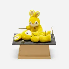 Nayland Blake, Satanic Ritualized Abuse, 1994, two stuffed bunnies, wood, leather, rope, plastic knife, birthday candles, bell