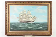 Ronald Joseph Reillo, the USS Constitution Portrait of a three-masted ship flying an American flag, Oil on canvas