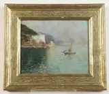 Mediterranean Seacoast with Sailing Boat by Continental School, Oil on artist board, sold Dec 2021