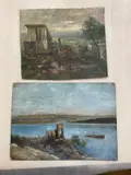 Adolf Kaufmann, "A Busy Barnyard" and "Castle by Lake", Oil on canvas (a busy barnyard with hens and roosters) and a pastel on board (castle by lake) with the verso a stamp "Nachlaßauktion ADOLF KAUFMANN