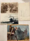 Adolf Kaufmann, Four Preparatory Studies, A set including: two watercolors, a pencil drawing and on oil on board artwork