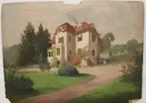 Adolf Kaufmann, Mansion with Red Roof, Oil on board with a verso a stamp "Nachlaßauktion ADOLF KAUFMANN