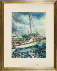 Peggy Joubert, A Sailboat in Calm Water, Watercolor on paper