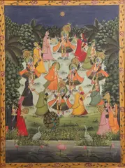 Indian School, Krishna Dances in the Raslila with the Gopis (Female Cowherds), Hand-painted gouache and gold on cloth