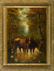 C. L. Rasner, The Watering Hole, 1898, Early primitive American oil on canvas painting