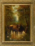 C. L. Rasner, The Watering Hole, 1898, Early primitive American oil on canvas painting
