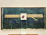 Tom Nakashima, Log and Pear, 1993, TOM NAKASHIMA Oil, collaged newspapers, and copper plate on canvas