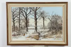 J.F. Adam, Ring Necked Pheasant in Snowy Landscape, Oil on canvas