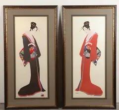 Hisashi Otsuka, A Pair "Black Lady of the 36 Poets", and "Red Lady of the 36 Poets", Mixed media on paper