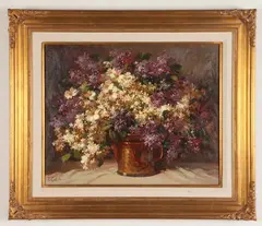 Lilacs in Brass Pot by Rudolph Colao, 1993, Oil on canvas, sold Apr 2022