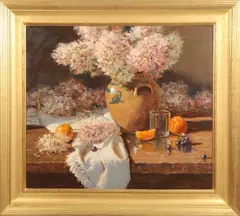 Mitch Billis, Still Life with Dried Hydrangeas and Oranges, Oil on board