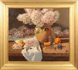Mitch Billis, Still Life with Dried Hydrangeas and Oranges, Oil on board