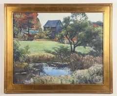 Ken Knowles, Barn in Landscape with Dry-docked Boats and Pond, Oil on panel
