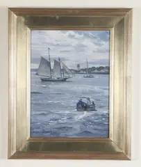 Ken Knowles, Boat Scene by Coast with Lighthouse, Oil on board