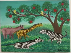 G. Derosier, Zebra and Giraffe, Oil on canvas.
