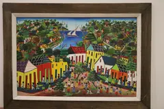 Gilbert Desir, Village by the Ocean, Oil on board