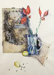 Vladimir Kara, Bouquet with Italian Lemons Italian Archway with flowers, Gouache and watercolor on paper