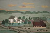 American School, View of the White House, Folk art mixed media painting on board