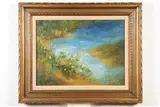 Flowers by the Pond by American School, Oil on Canvas. illegibly signed lower left hand side, offered May 2022