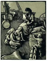Allen Lewis, Young Family On A Ship, circa 1931, This two-colour woodcut was one of four commissioned as illustrations for Rachel Field's 'Calico Bush' (printed by Stratford Press for MacMillan in November 1931)