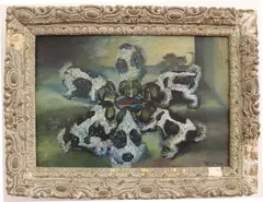 Elmo Howard, Puppies Feeding, 1958, Oil on masonite