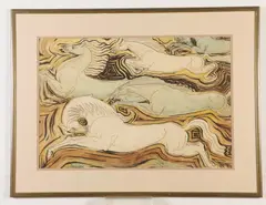 Serge Ponomarew, Jumping Horses, circa 1960, Mixed media with watercolor, ink and and gouache on paper