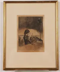 James Abbott McNeill Whistler, Reading by Lamplight, circa 1859, Whistler." With a verso (in 19th century handwriting) anotation: "Original Artist Proof Etching / Reading by Lamplight / by James McNeil Whistler." Print shows Whistler's half-sister